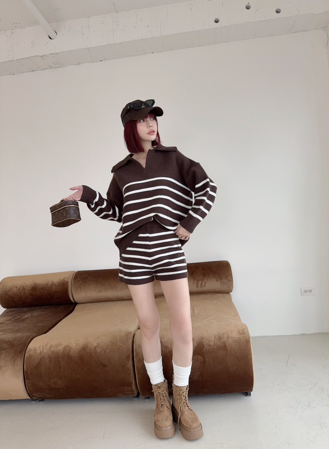 1865 韓系慵懶翻領針織條紋SET (7)
