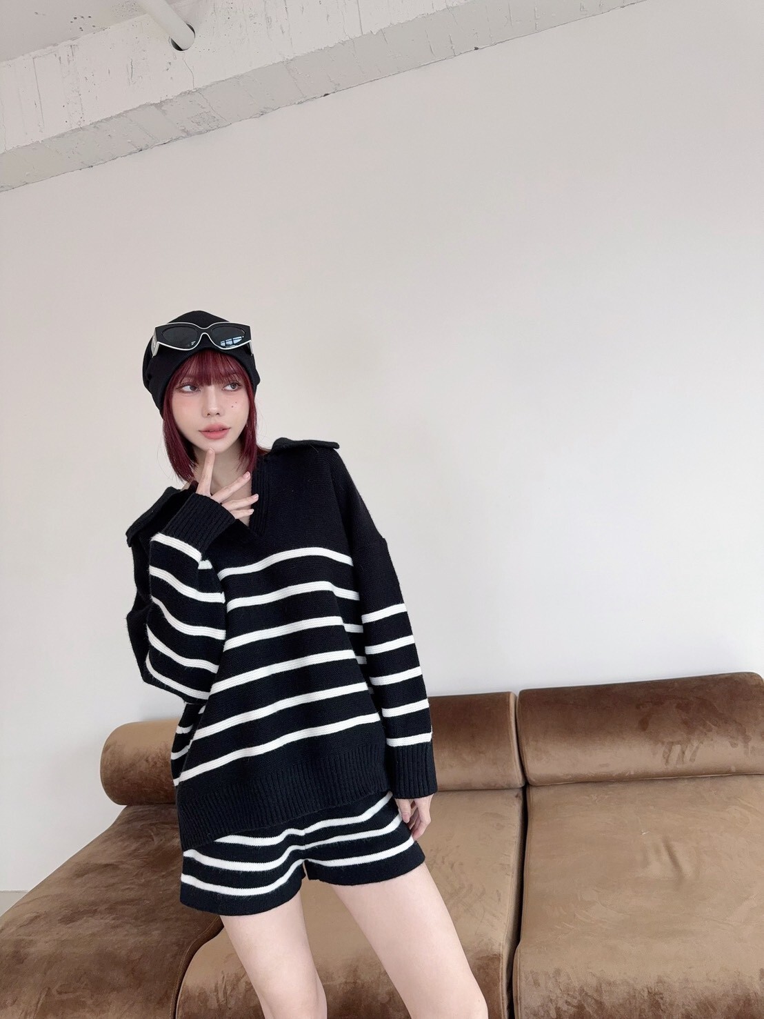 1865 韓系慵懶翻領針織條紋SET (6)
