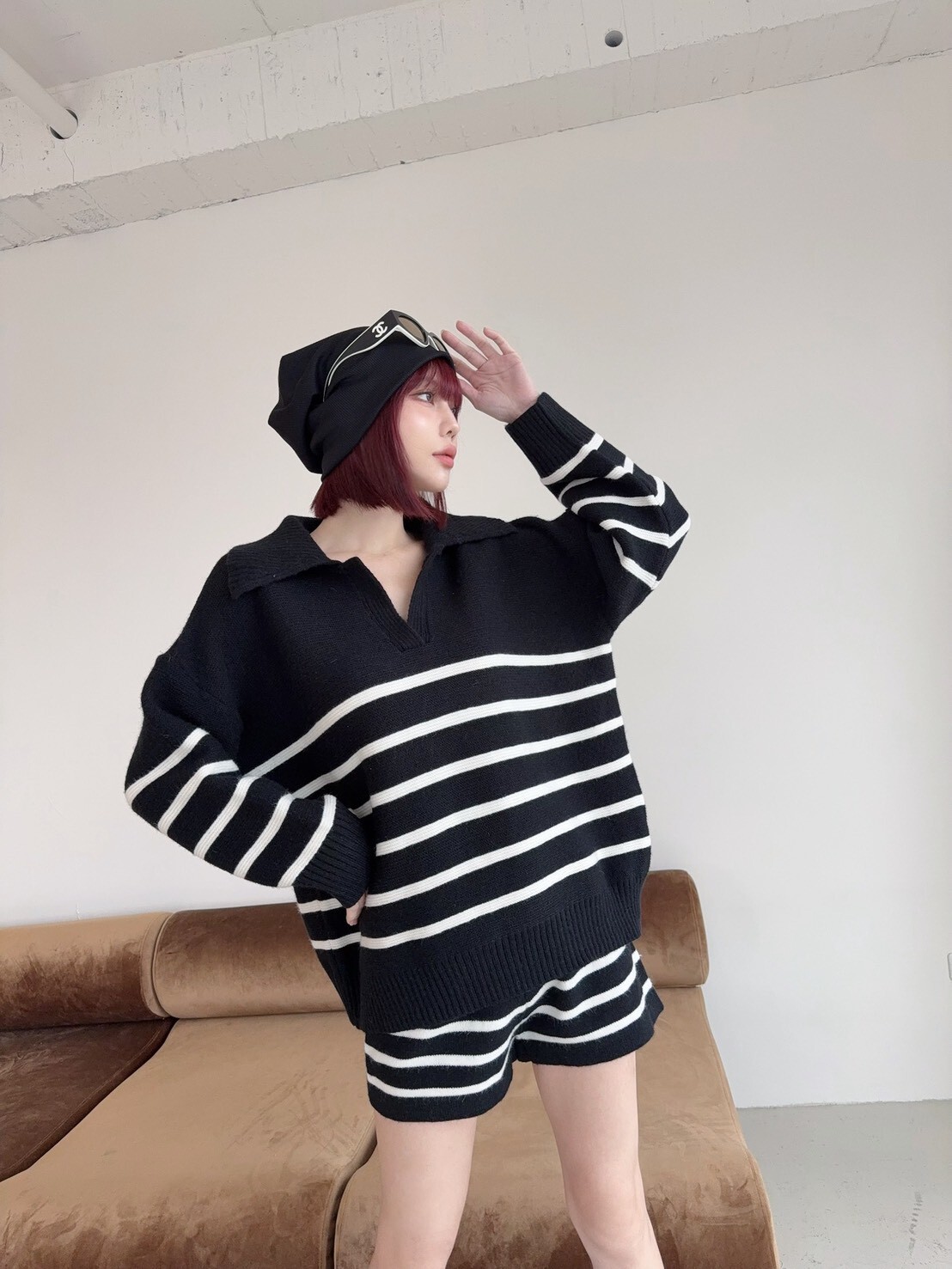 1865 韓系慵懶翻領針織條紋SET (5)