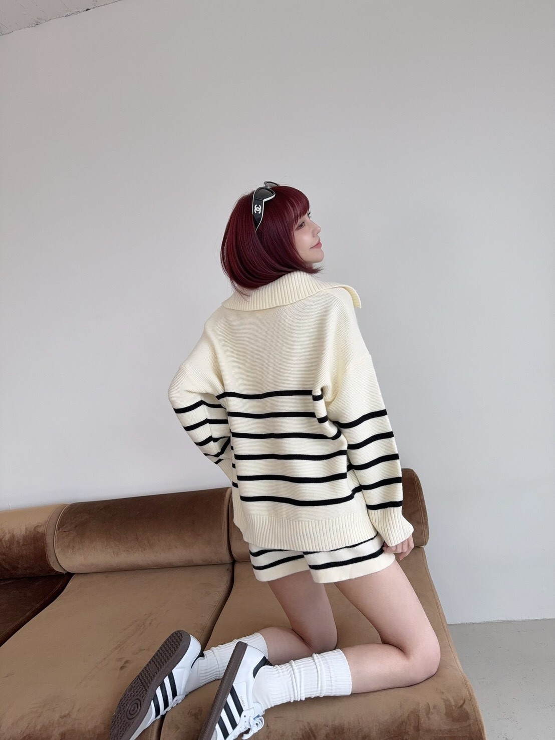 1865 韓系慵懶翻領針織條紋SET