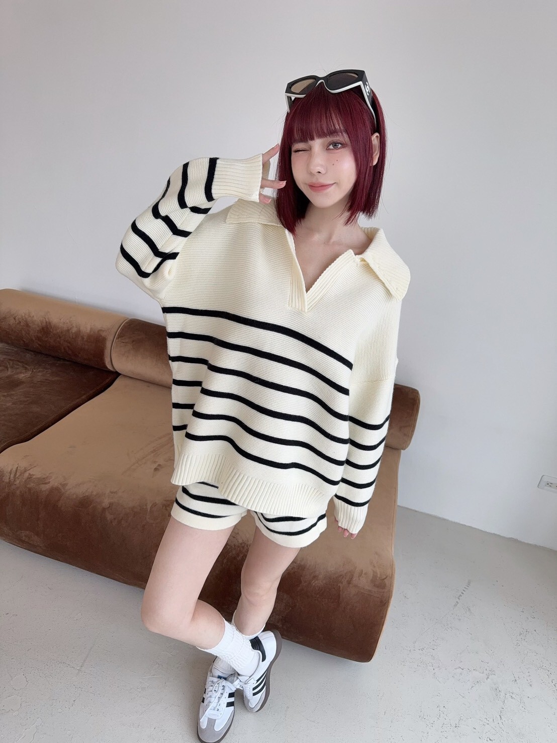 1865 韓系慵懶翻領針織條紋SET (2)