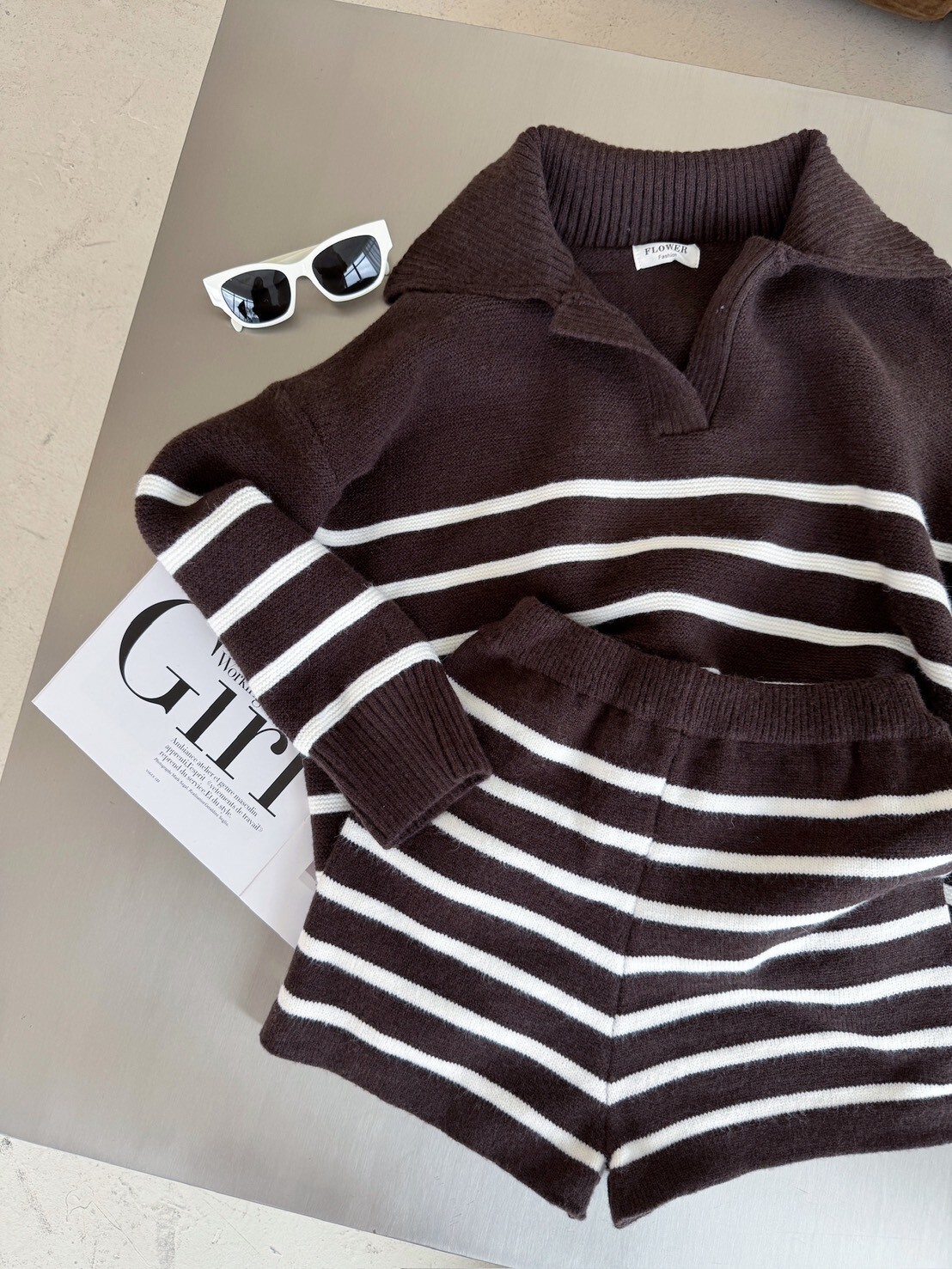 1865 韓系慵懶翻領針織條紋SET (11)