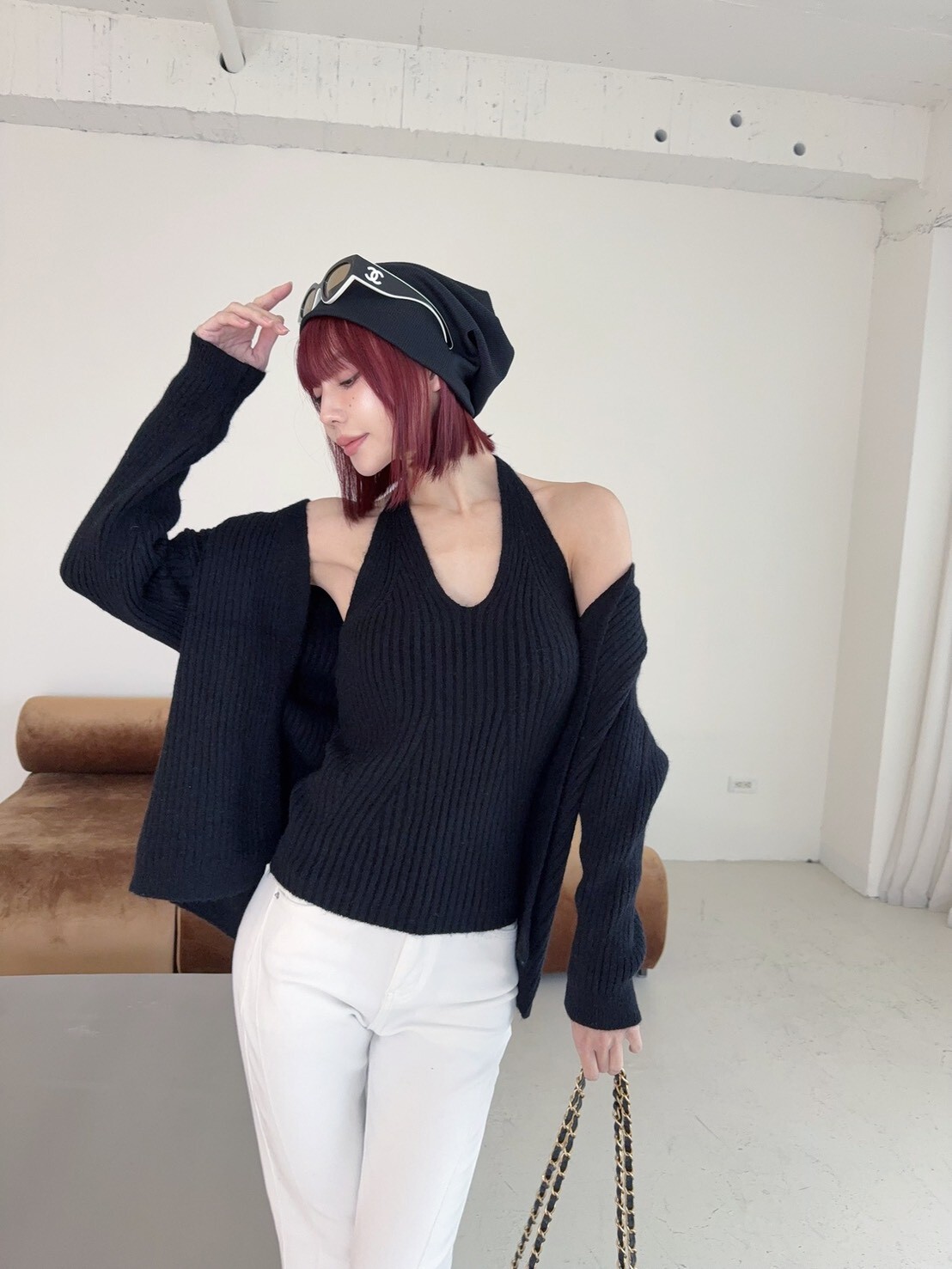 9108 韓系V領綁脖針織背心+外衣 (4)