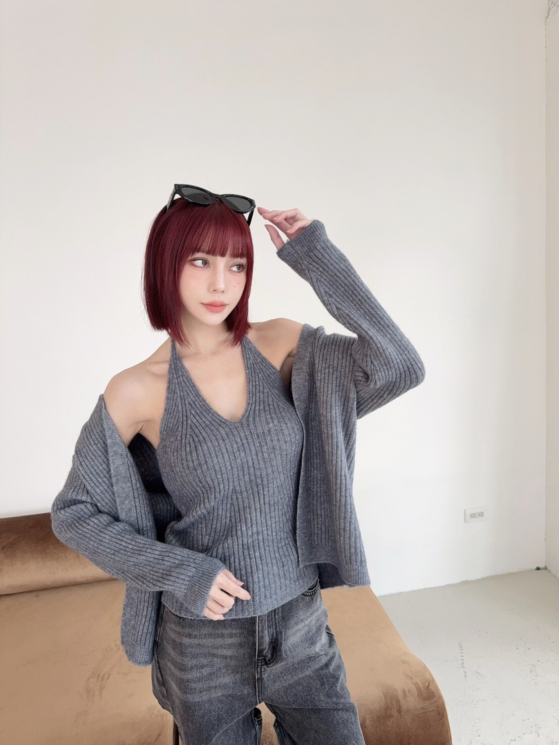9108 韓系V領綁脖針織背心+外衣 (10)