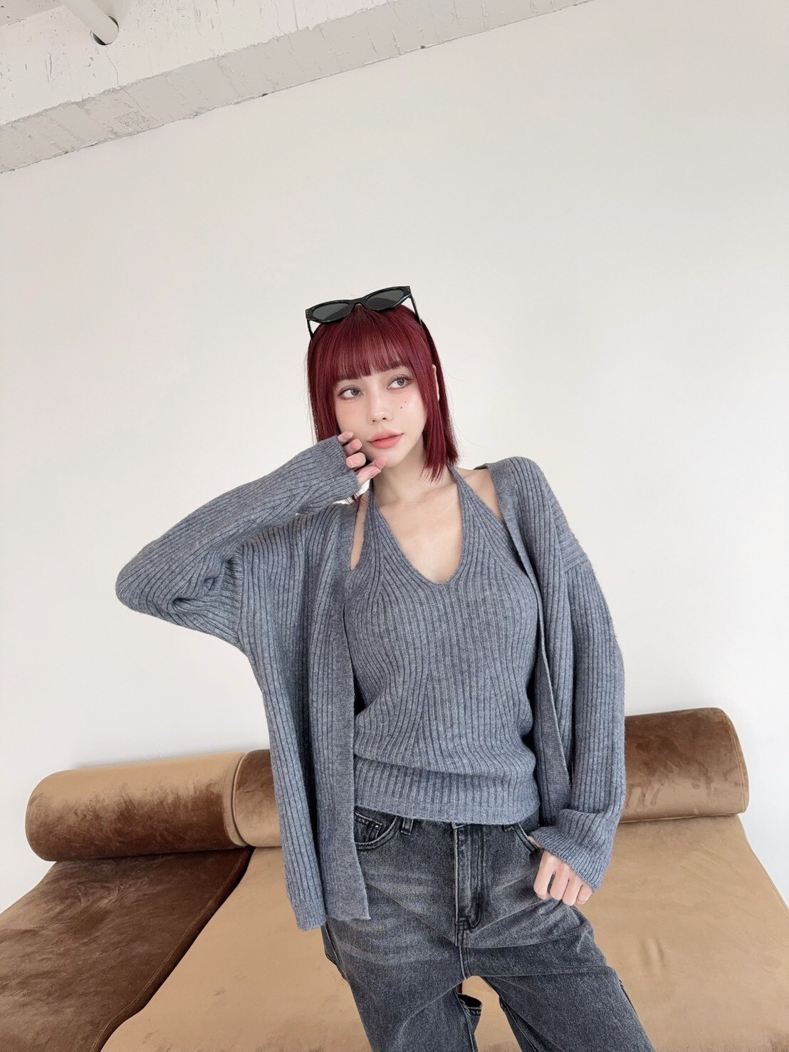 9108 韓系V領綁脖針織背心+外衣 (9)