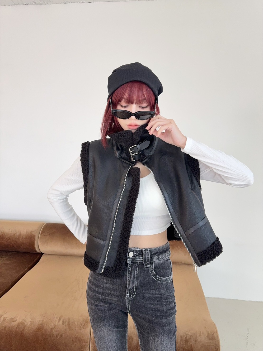 6020 韓系皮革羊羔毛拼接背心