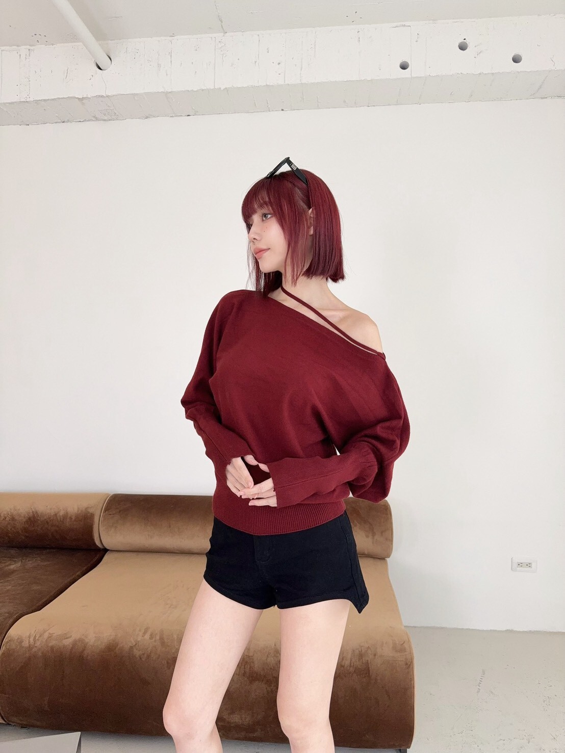 8926 韓系斜肩造型綁帶針織上衣 (7)