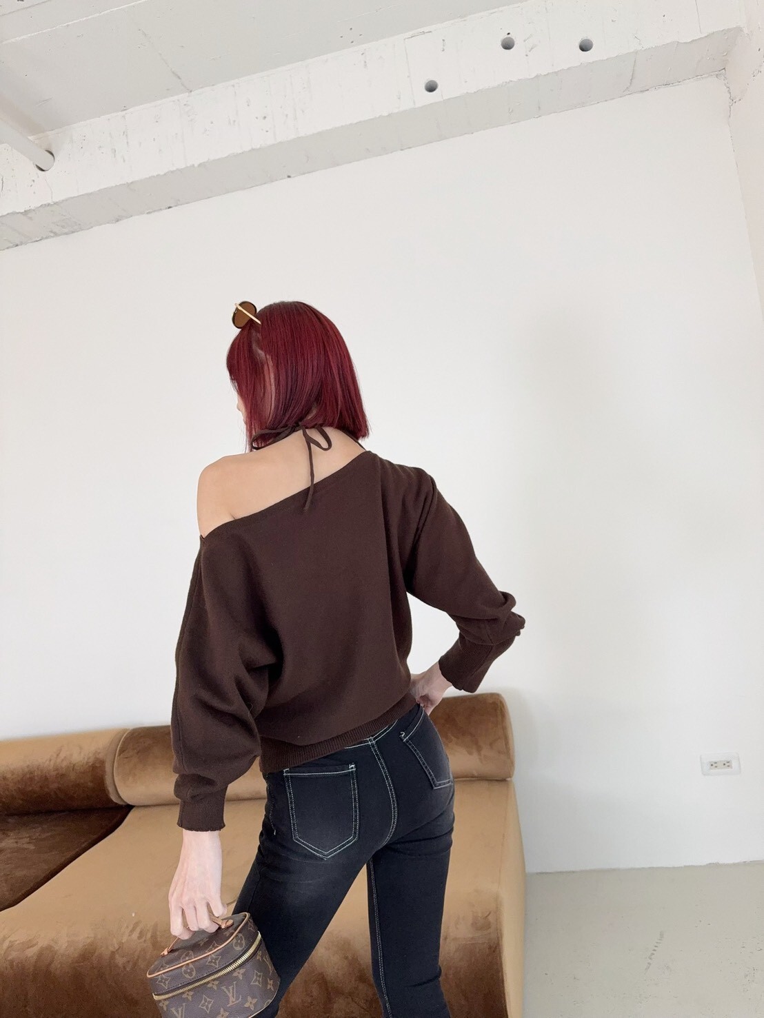 8926 韓系斜肩造型綁帶針織上衣 (5)