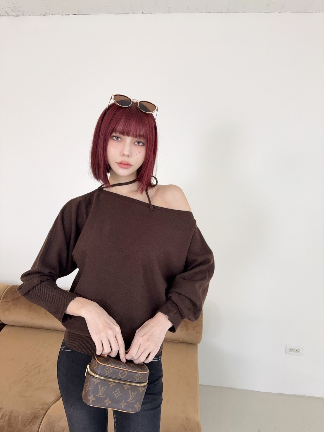 8926 韓系斜肩造型綁帶針織上衣 (4)