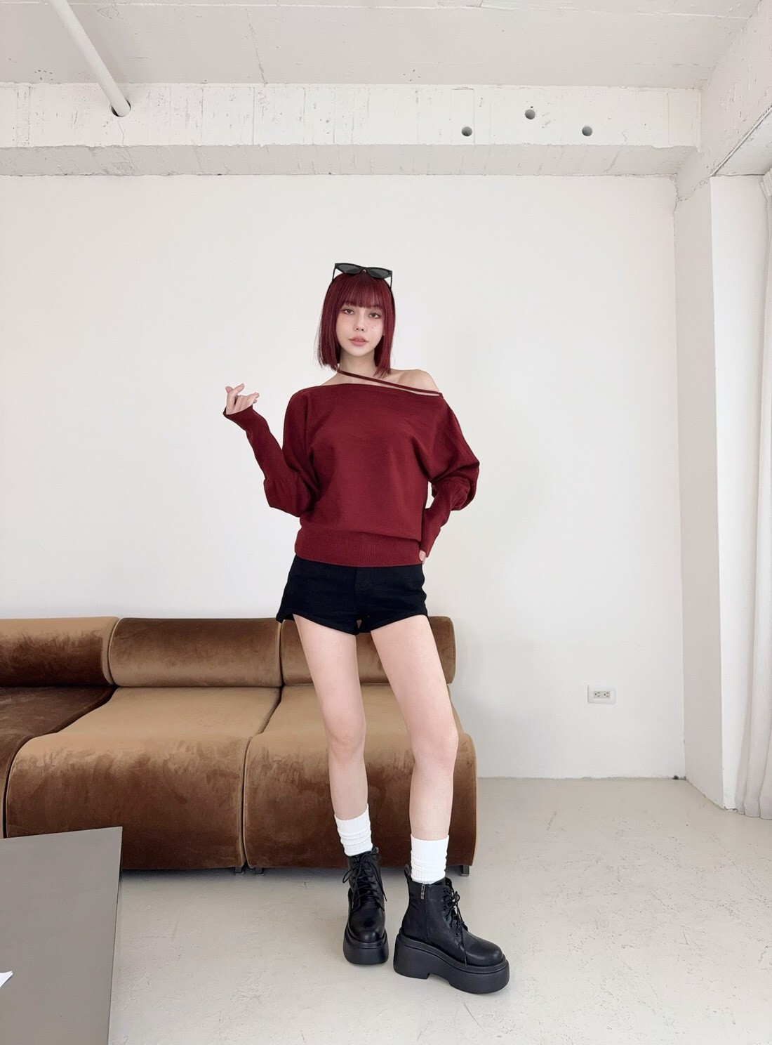 8926 韓系斜肩造型綁帶針織上衣 (6)