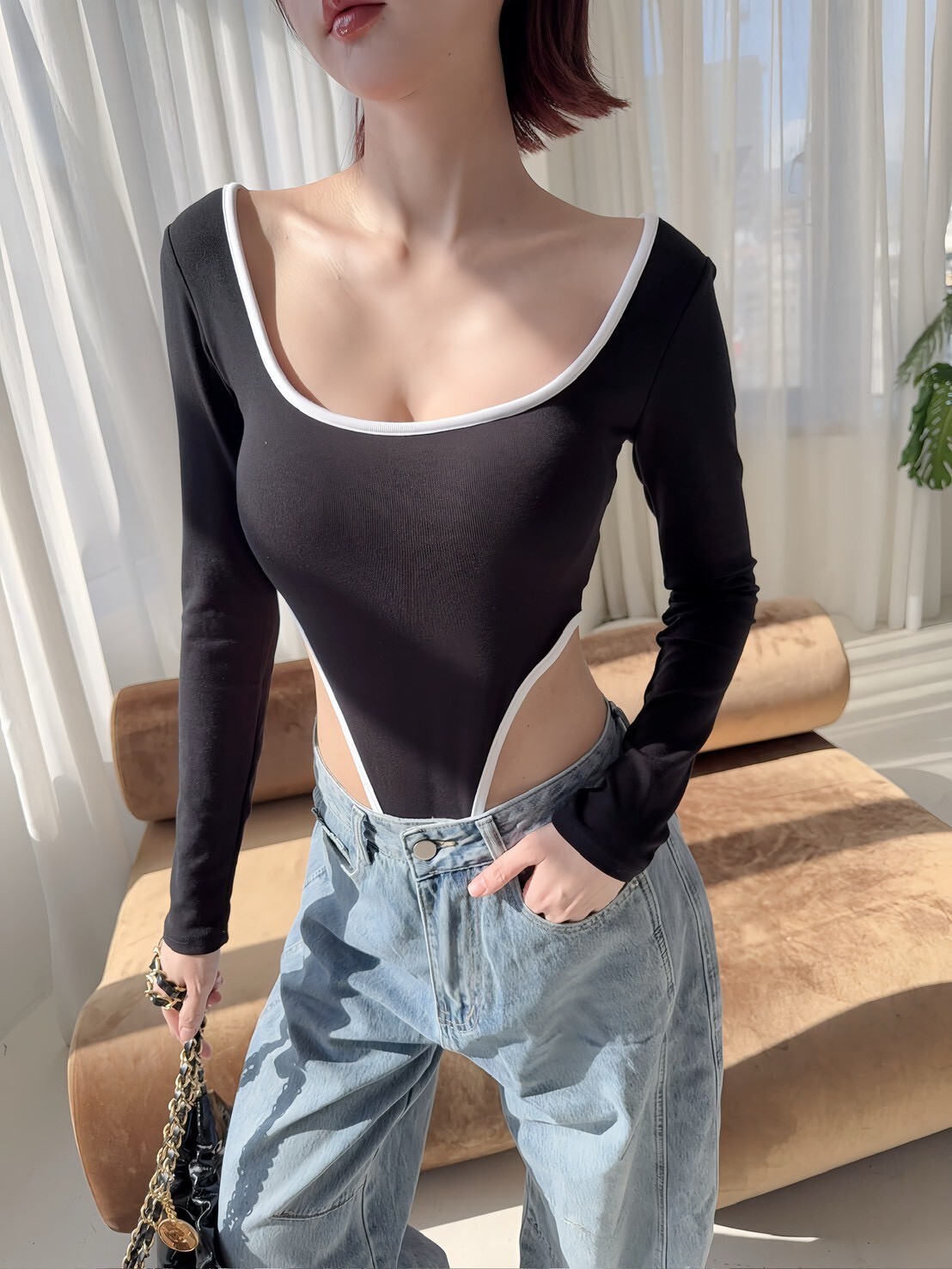 3033訂製款-歐美性感滾邊胸墊連體衣 (2)