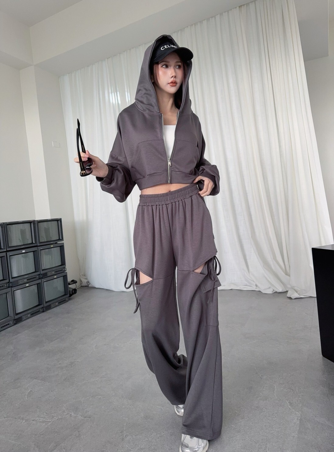 7560訂製款-太空棉造型側綁繩工裝寬褲SET (10)