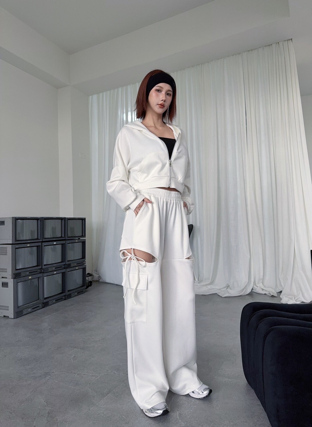 7560訂製款-太空棉造型側綁繩工裝寬褲SET