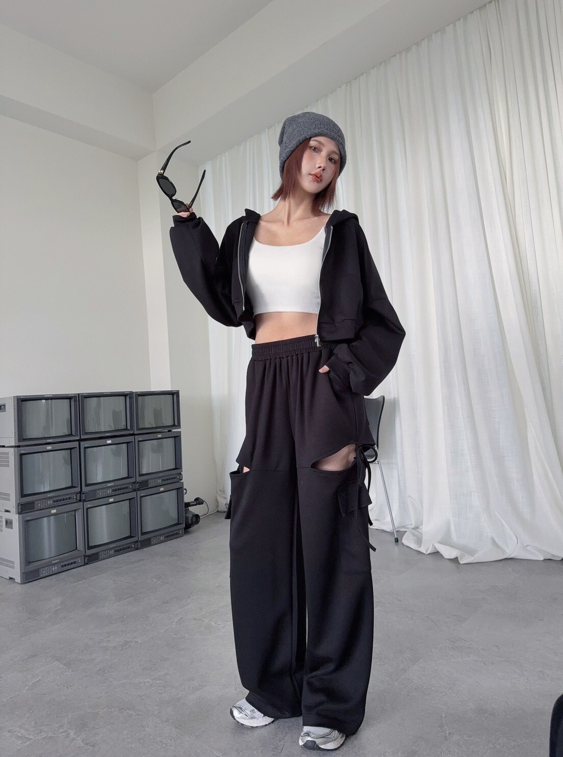 7560訂製款-太空棉造型側綁繩工裝寬褲SET (7)