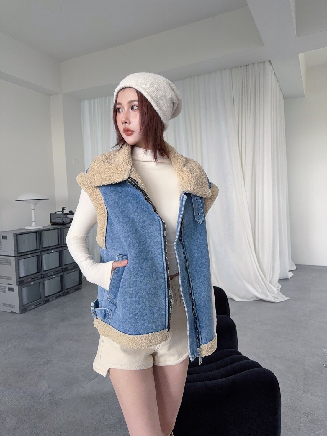 6079挺版厚磅羊羔毛拼接牛仔馬甲背心 (4)