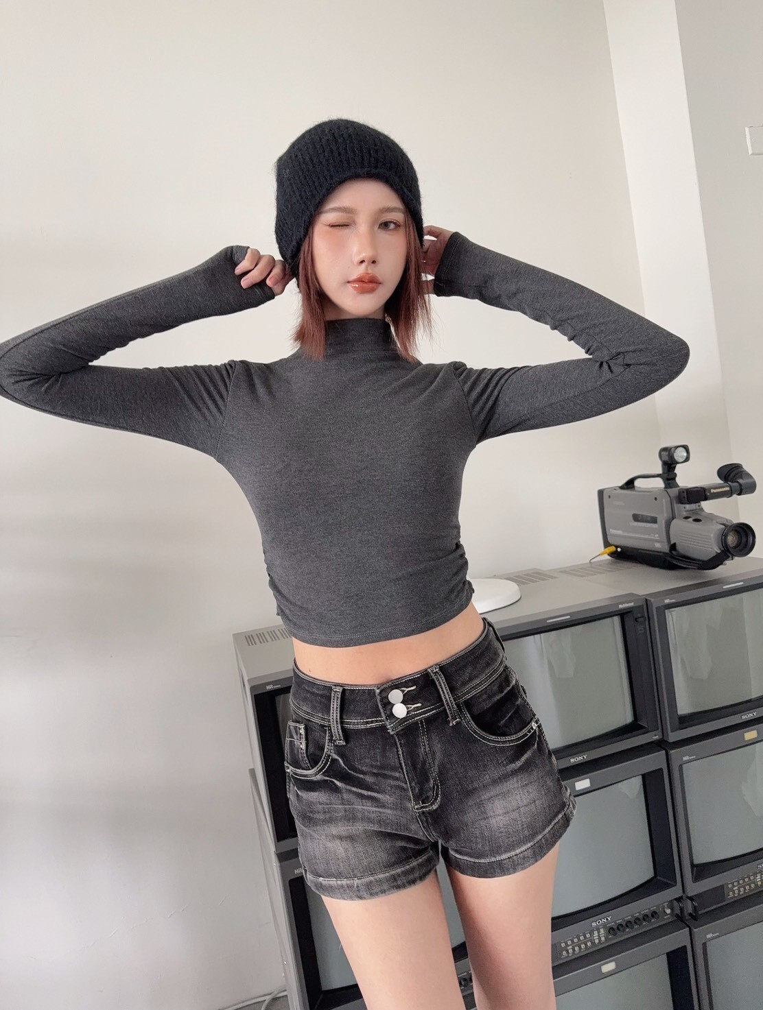 3858美式中低腰刷色水洗刷毛短褲 (3)