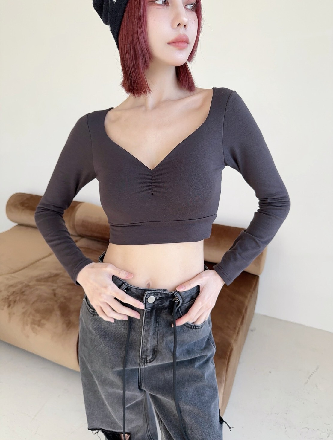 9690𝓛𝓪𝓭𝔂𝓰𝓸訂製款-性感v領抓皺胸墊發熱上衣 (6)