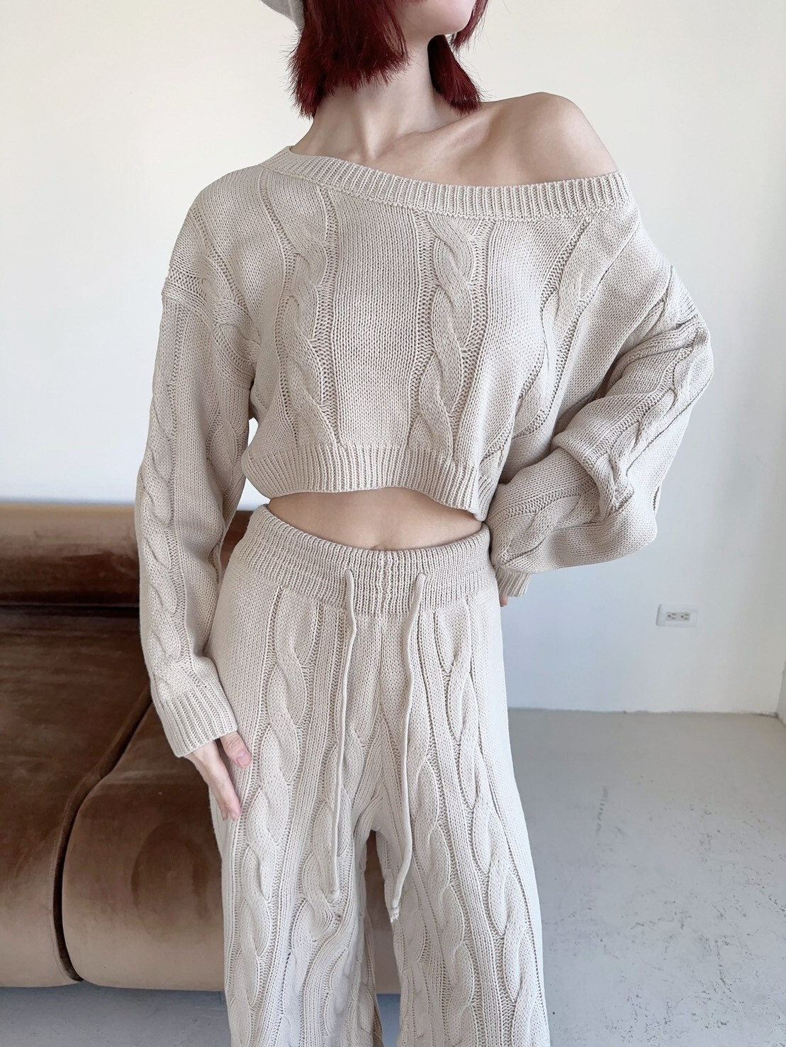 9957𝓛𝓪𝓭𝔂𝓰𝓸訂製款-松弛感麻花針織抽繩落地長褲SET (6)