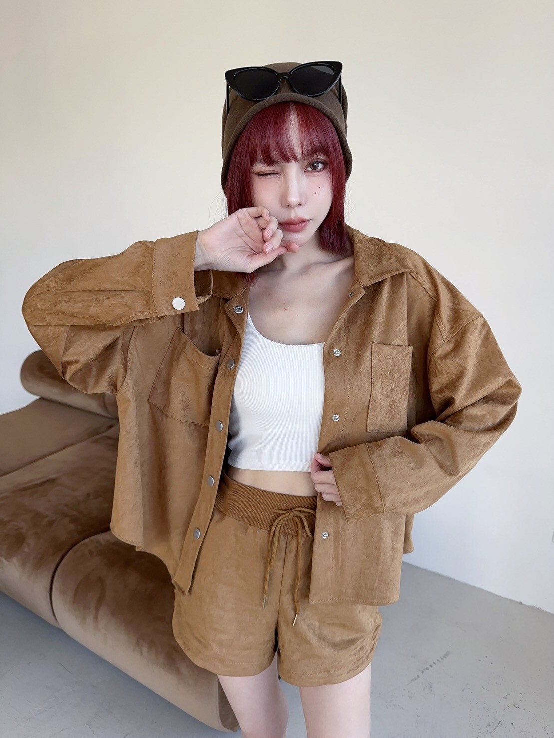 7565𝓛𝓪𝓭𝔂𝓰𝓸訂製款-高質感麂皮長版外+抽繩短褲Set (9)