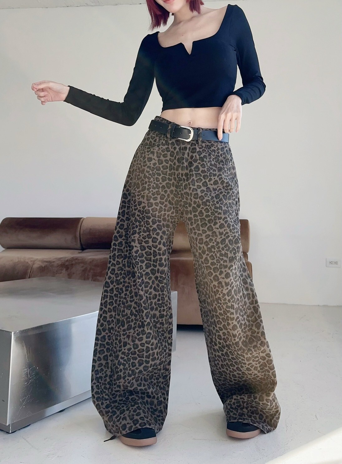 707𝓛𝓪𝓭𝔂𝓰𝓸炸街豹紋牛仔落地寬褲