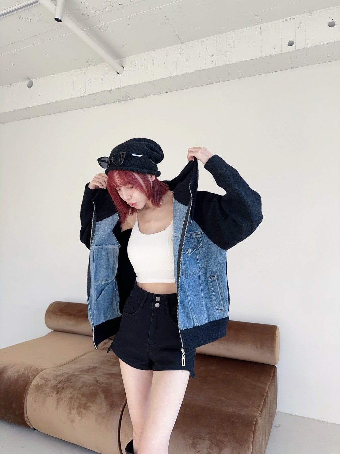 4393𝓛𝓪𝓭𝔂𝓰𝓸爆單款牛仔拼接磨毛針織連帽外 (7)