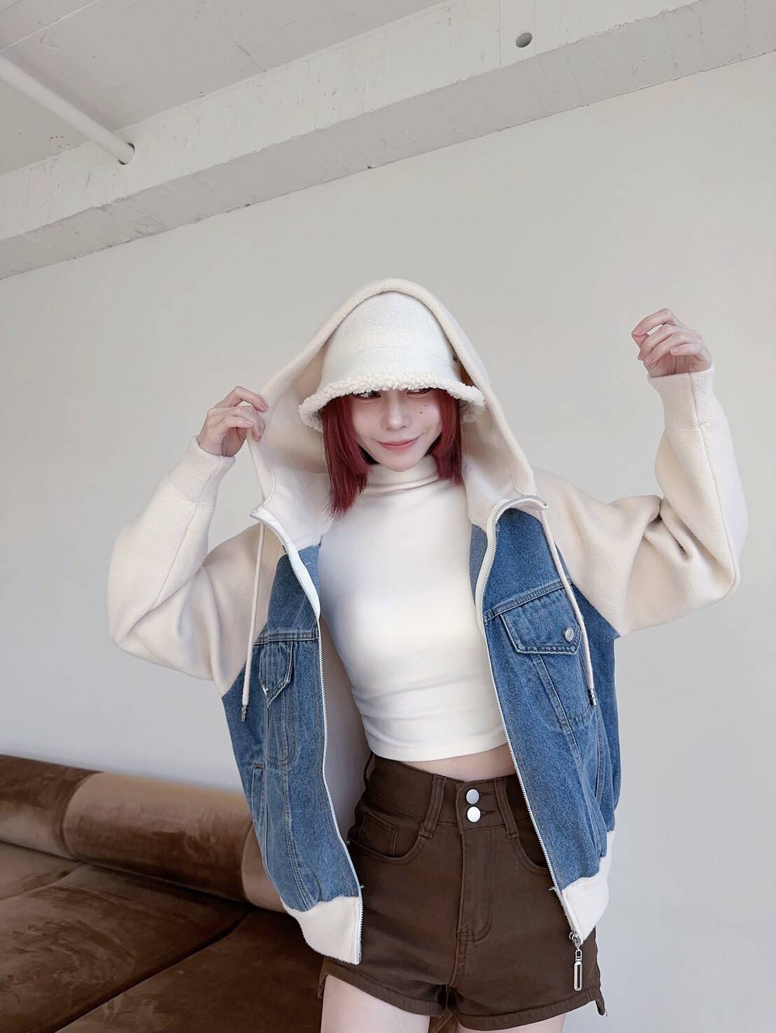 4393𝓛𝓪𝓭𝔂𝓰𝓸爆單款牛仔拼接磨毛針織連帽外 (6)