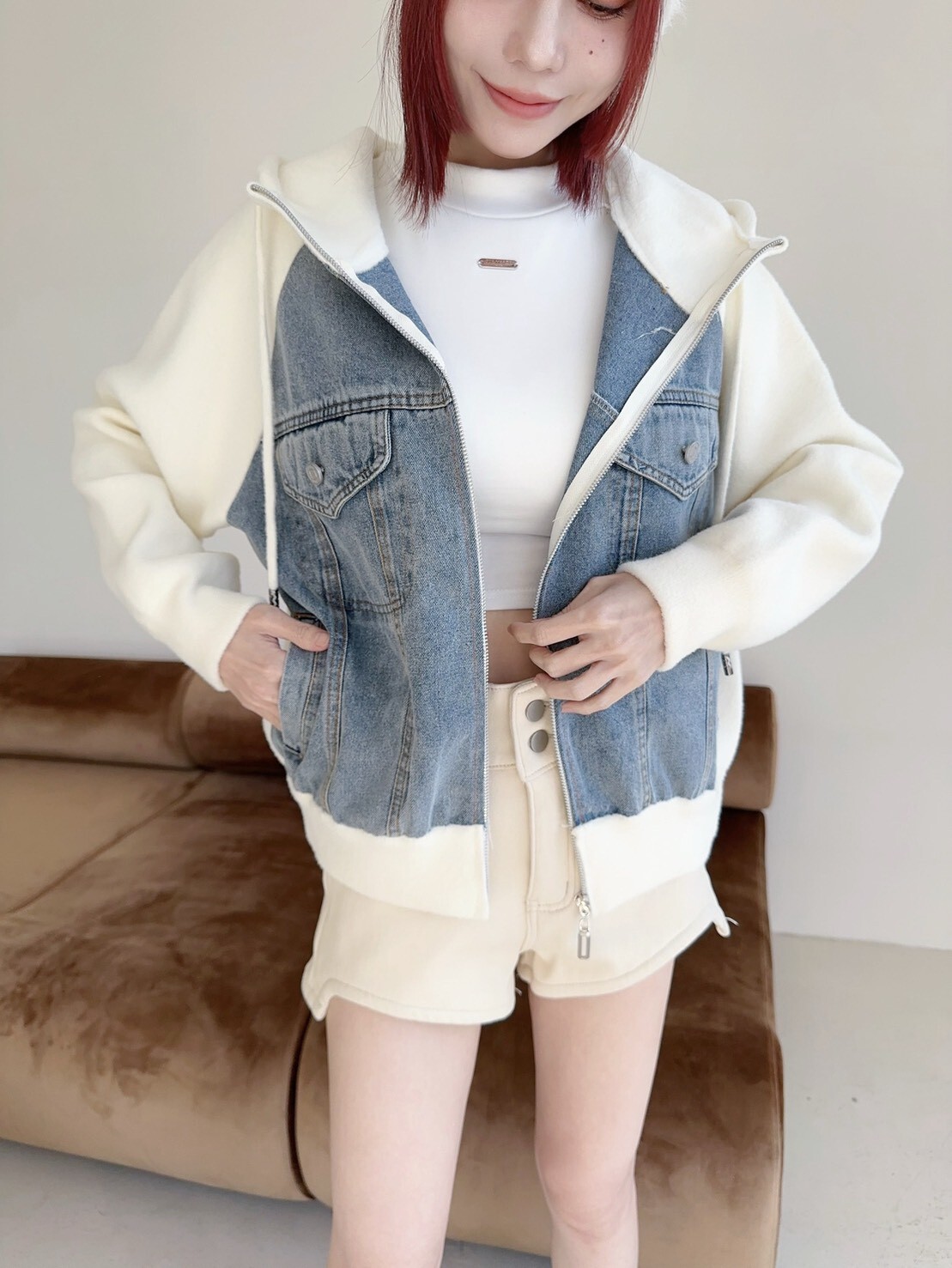 4393𝓛𝓪𝓭𝔂𝓰𝓸爆單款牛仔拼接磨毛針織連帽外 (5)