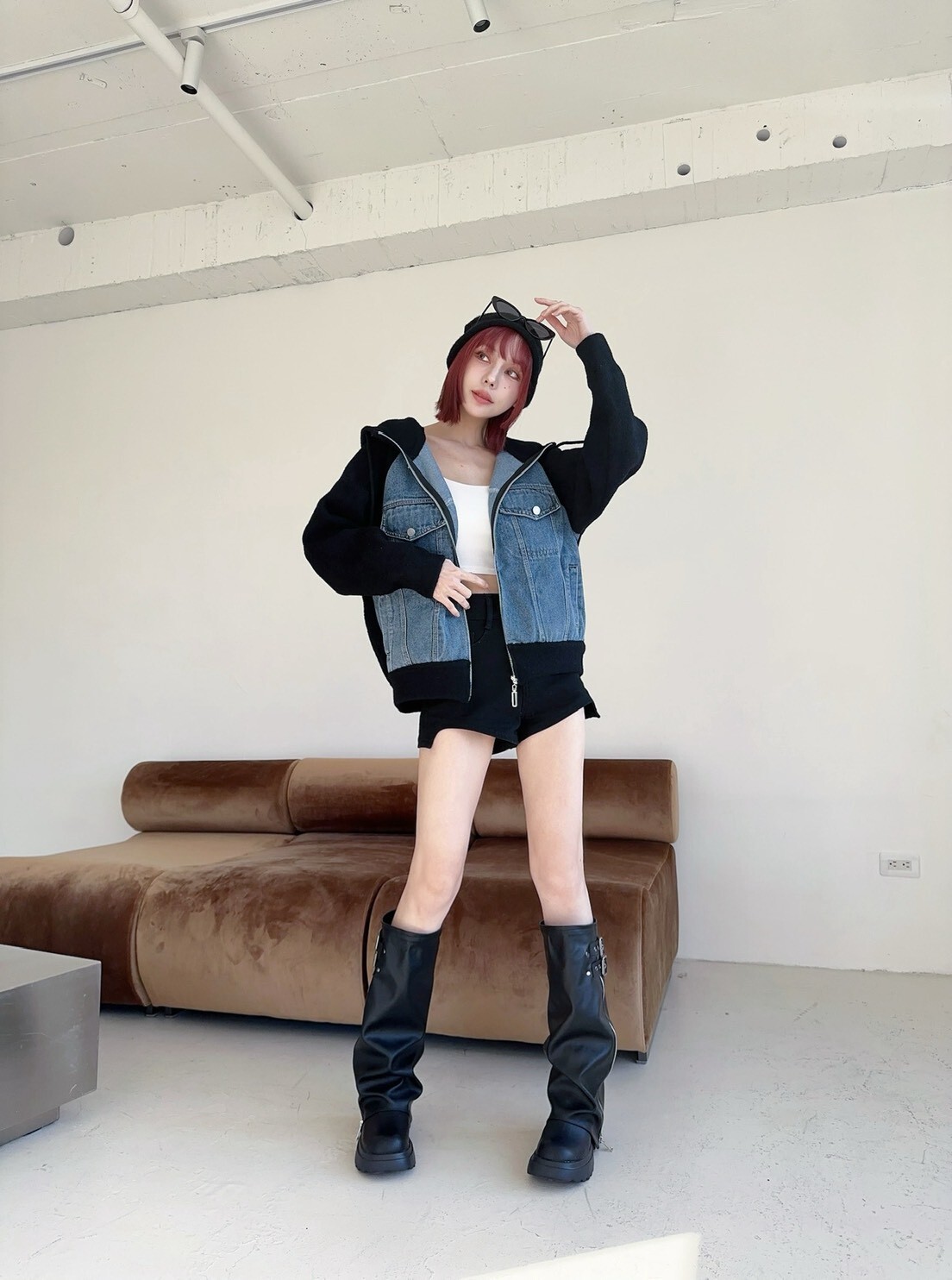 4393𝓛𝓪𝓭𝔂𝓰𝓸爆單款牛仔拼接磨毛針織連帽外 (2)