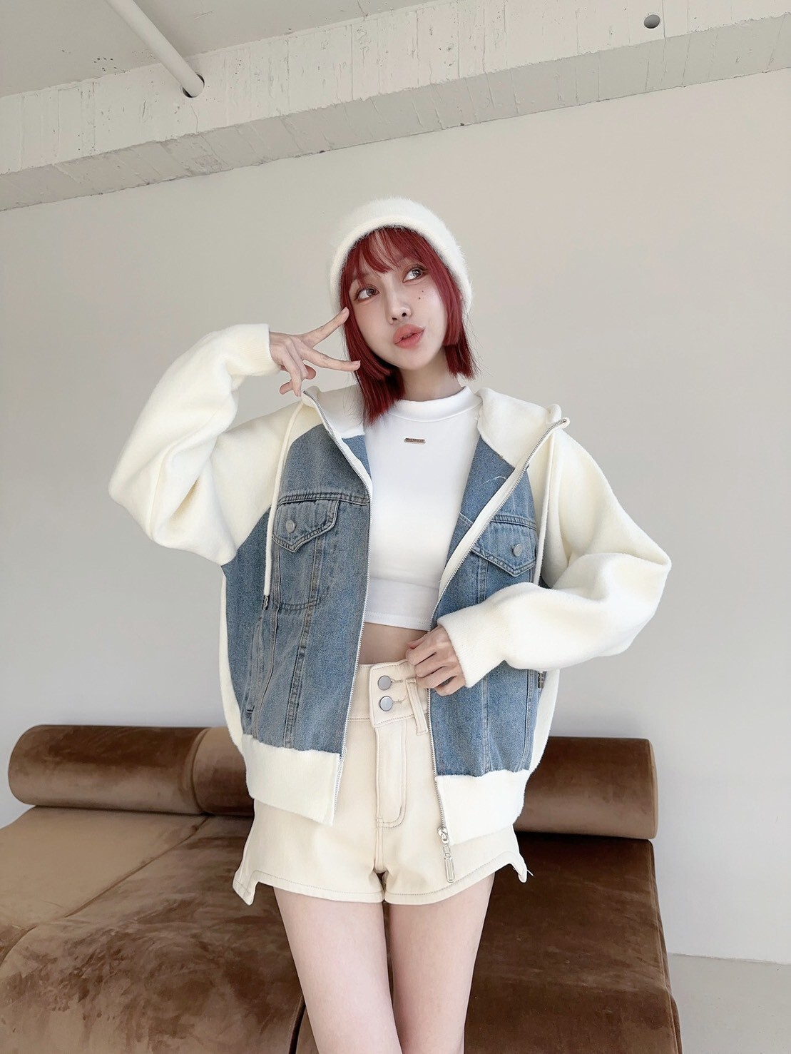 4393𝓛𝓪𝓭𝔂𝓰𝓸爆單款牛仔拼接磨毛針織連帽外