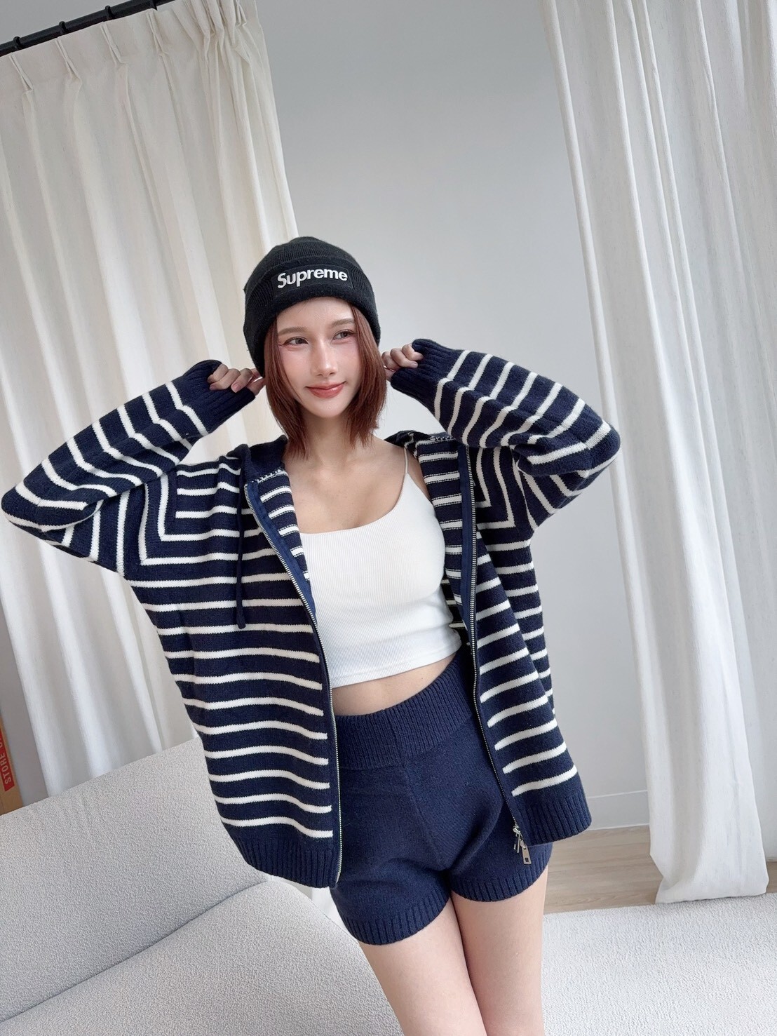 9688訂製款-爆單條紋針織連帽外+短褲 (5)
