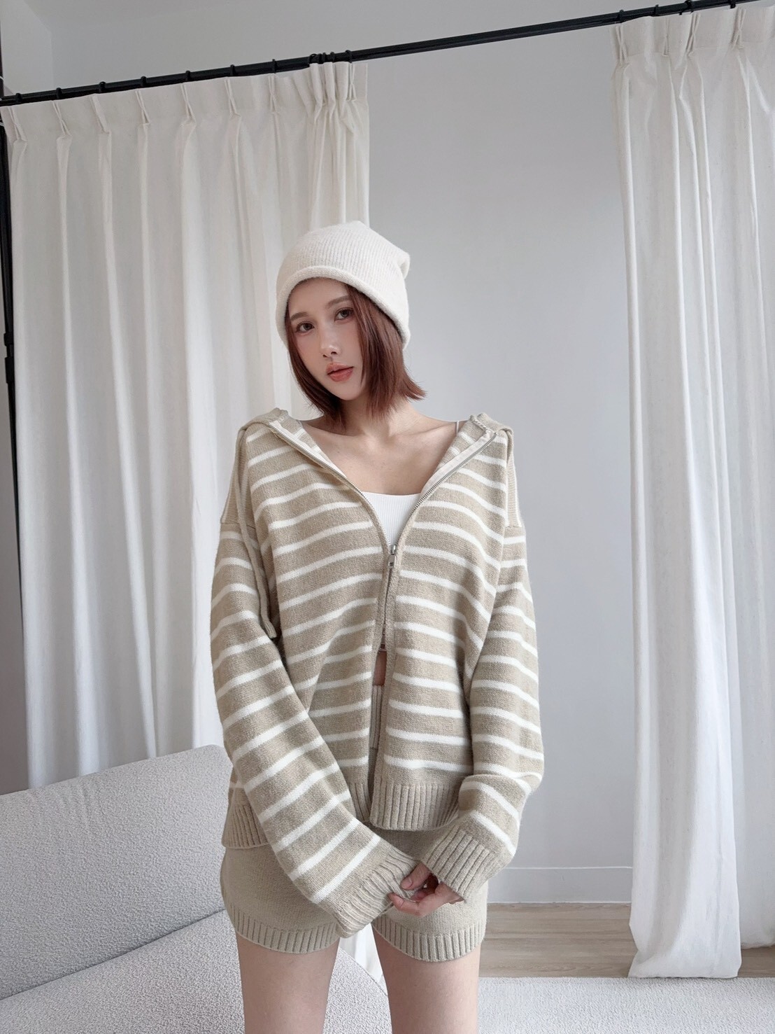 9688訂製款-爆單條紋針織連帽外+短褲 (7)