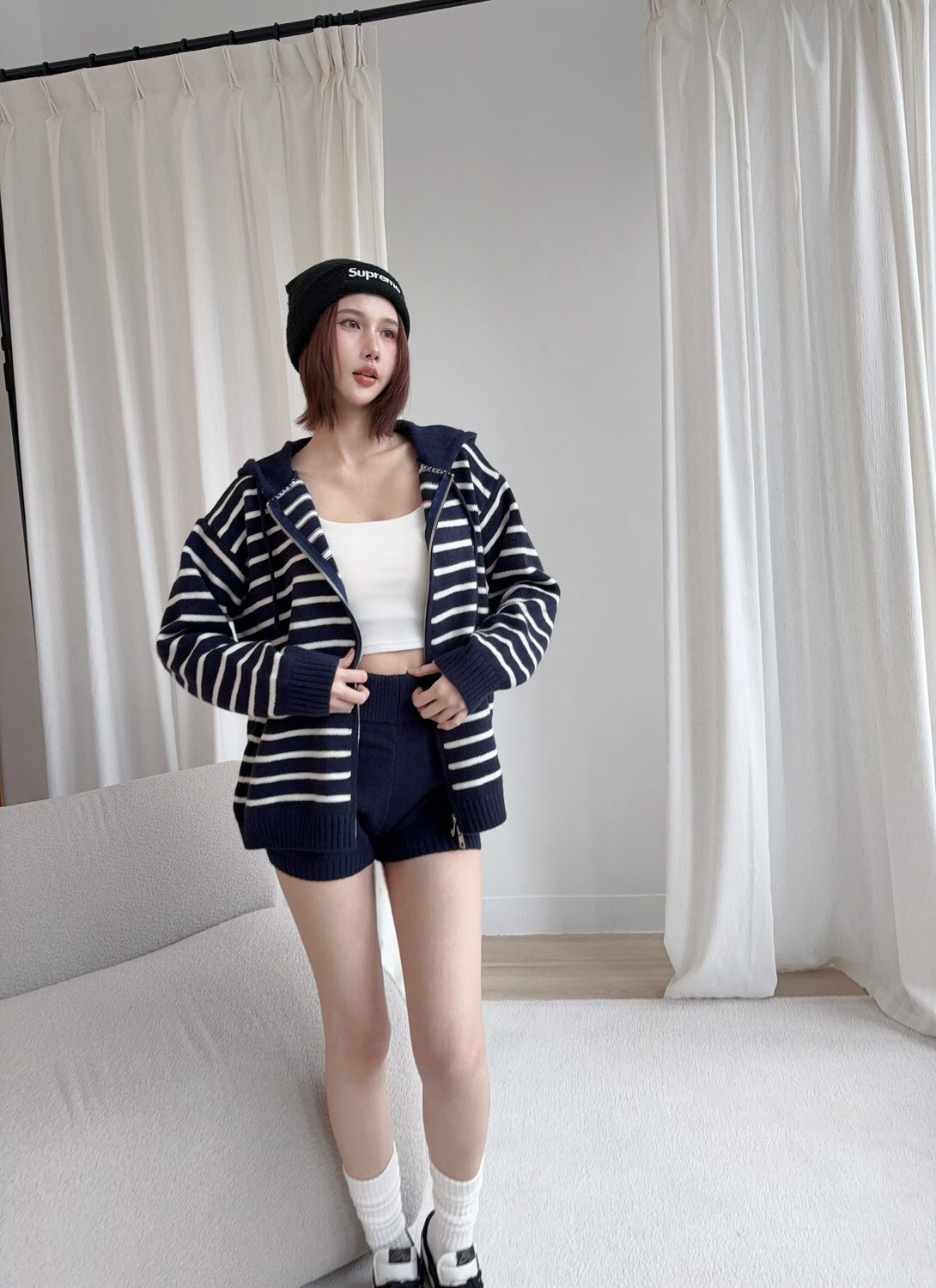 9688訂製款-爆單條紋針織連帽外+短褲 (4)