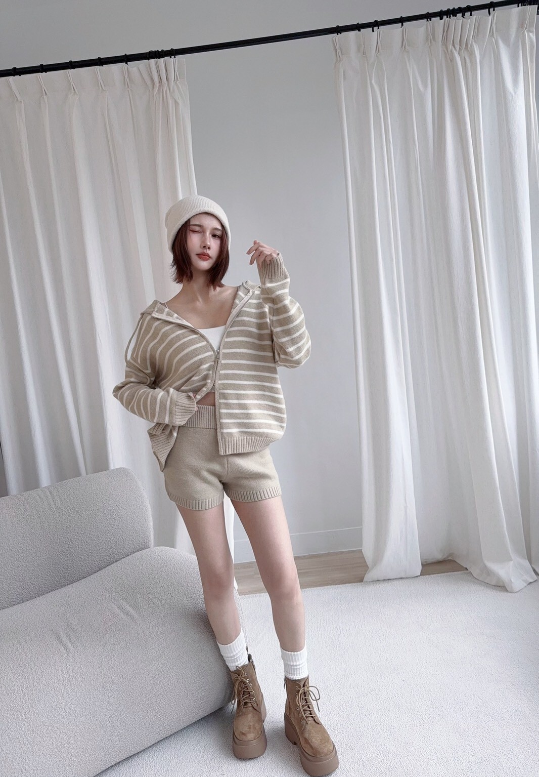 9688訂製款-爆單條紋針織連帽外+短褲 (9)