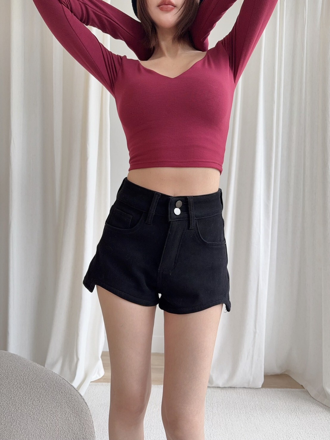 3839長腿加絨下擺不規則高腰短褲 (5)