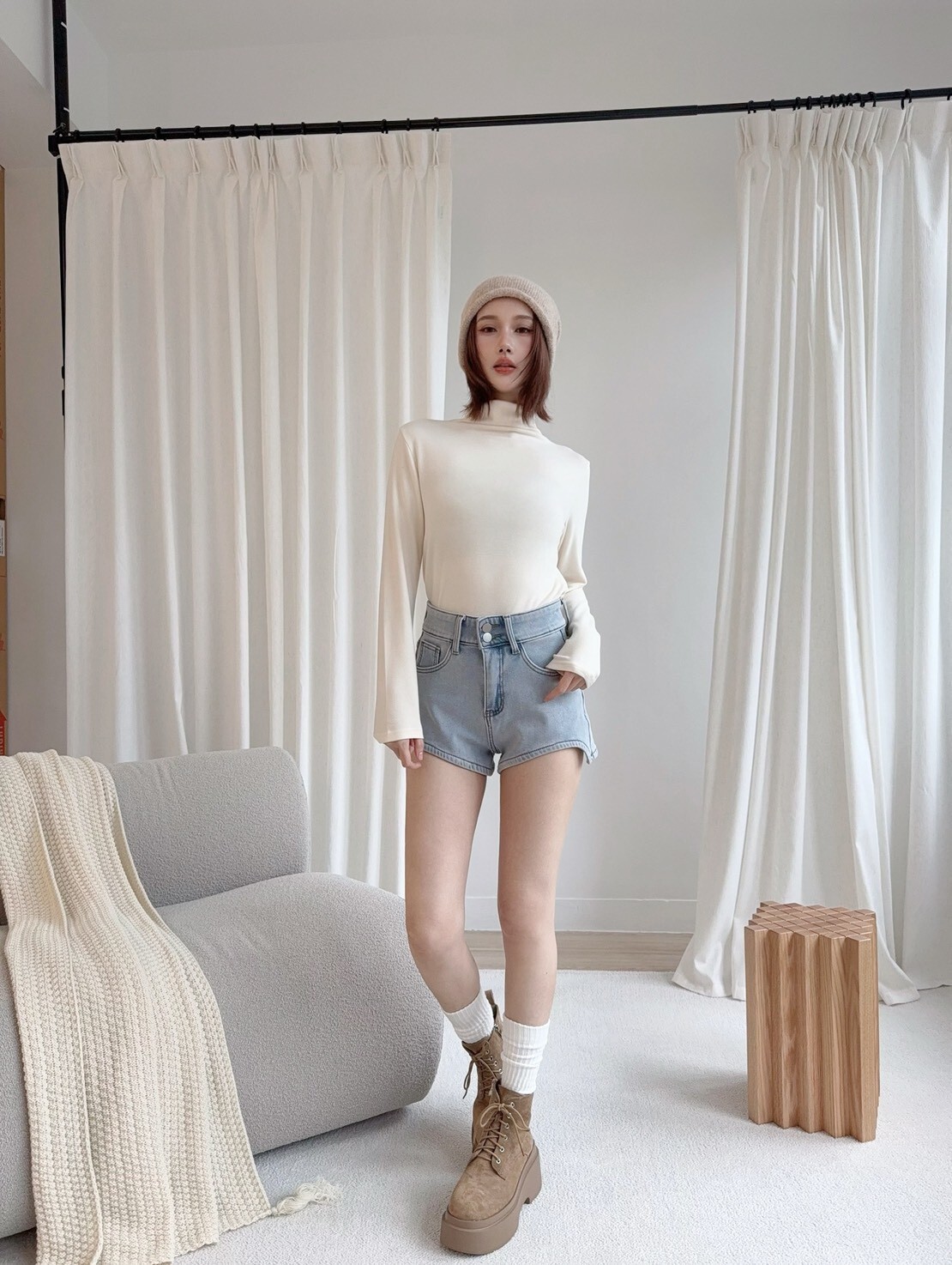 3839長腿加絨下擺不規則高腰短褲 (6)