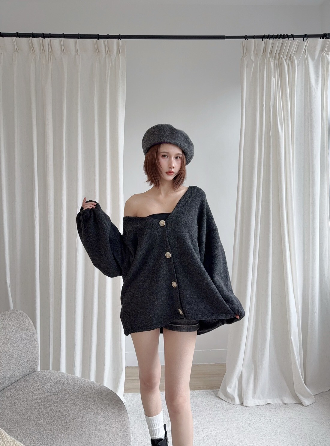 8554氣質V領軟糯寬鬆針織外套 (4)