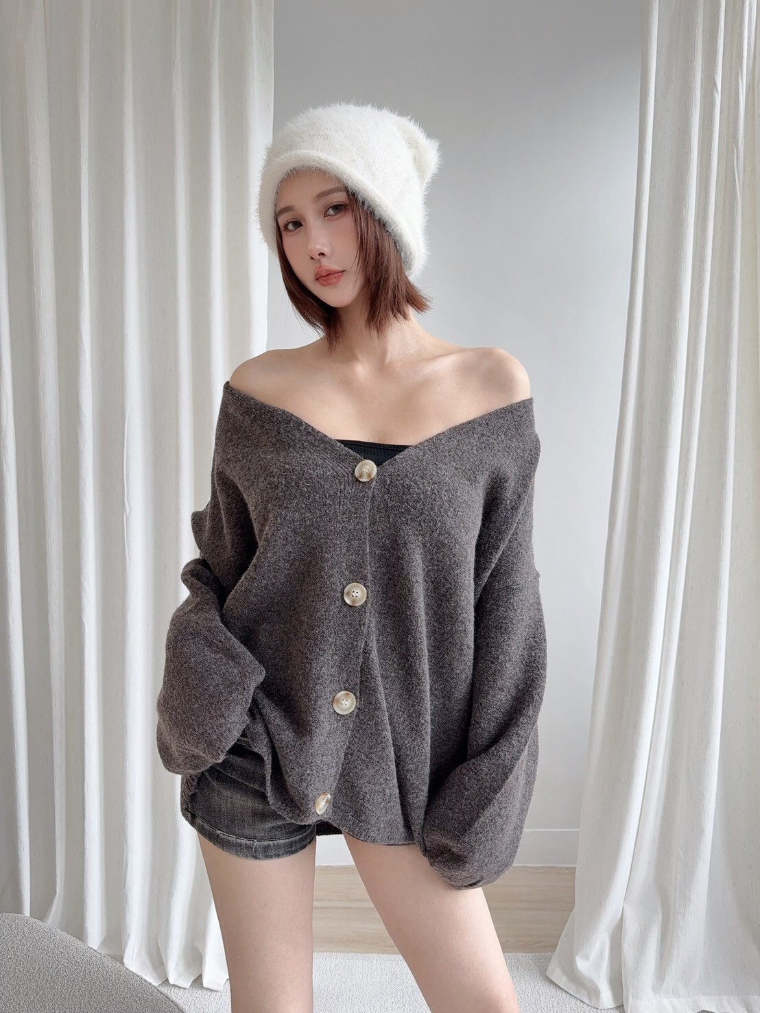 8554氣質V領軟糯寬鬆針織外套 (5)