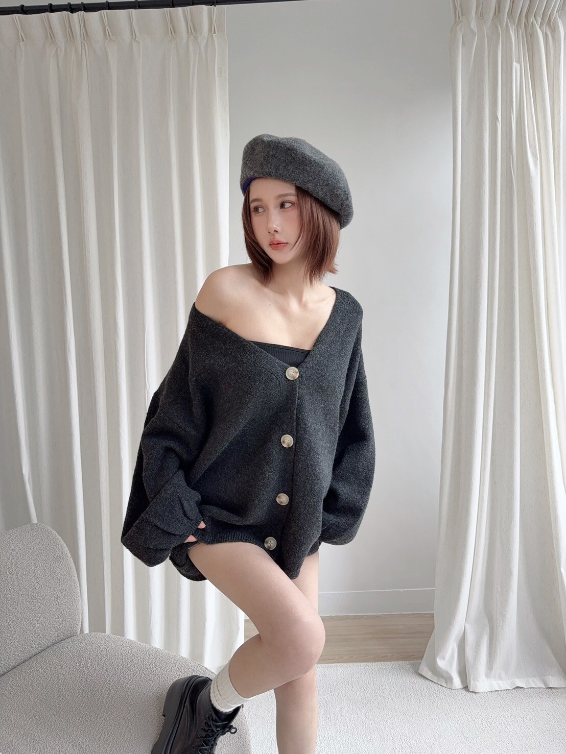 8554氣質V領軟糯寬鬆針織外套 (3)