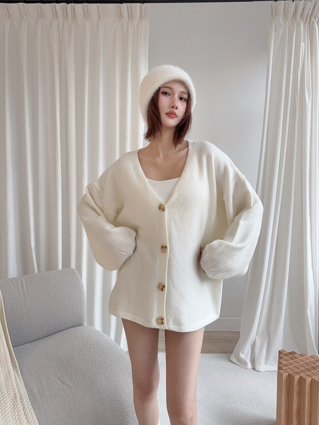 8554氣質V領軟糯寬鬆針織外套 (2)