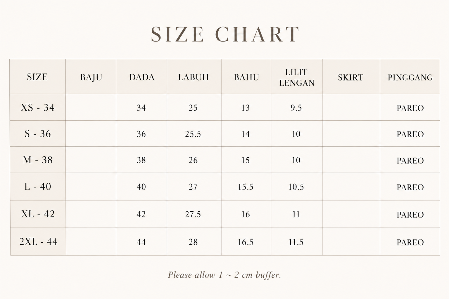 Minimal Beige Fashion Size Chart