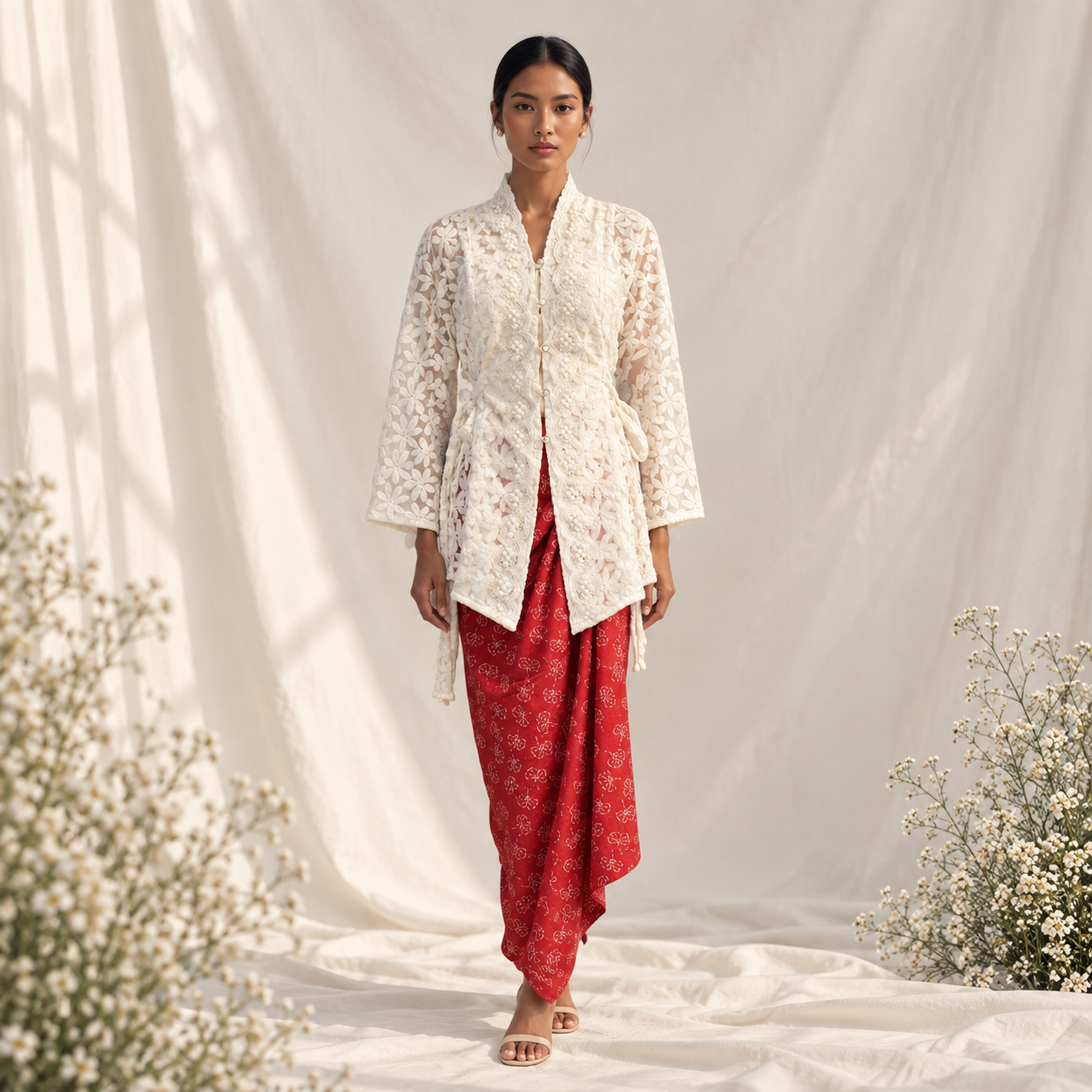 Ivory Lace Kebaya with Red Sarong