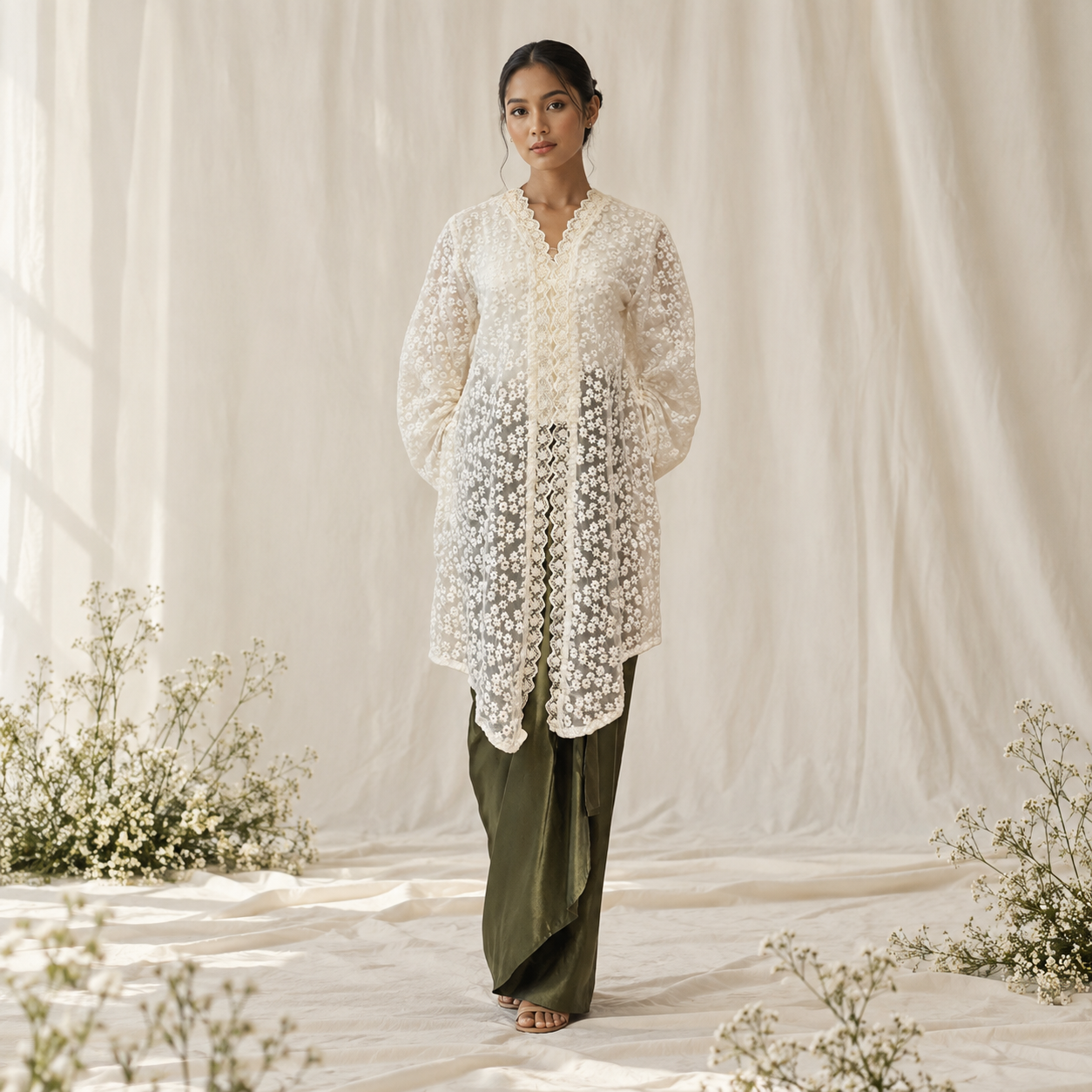 Ivory Lace and Olive Silk Portrait