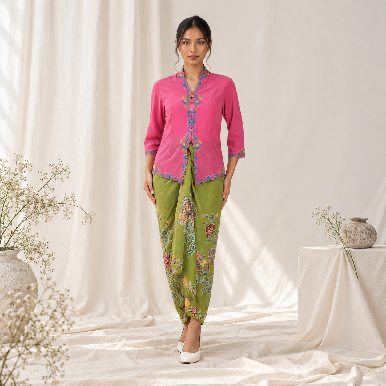 Elegant Pink and Green Traditional Ensemble
