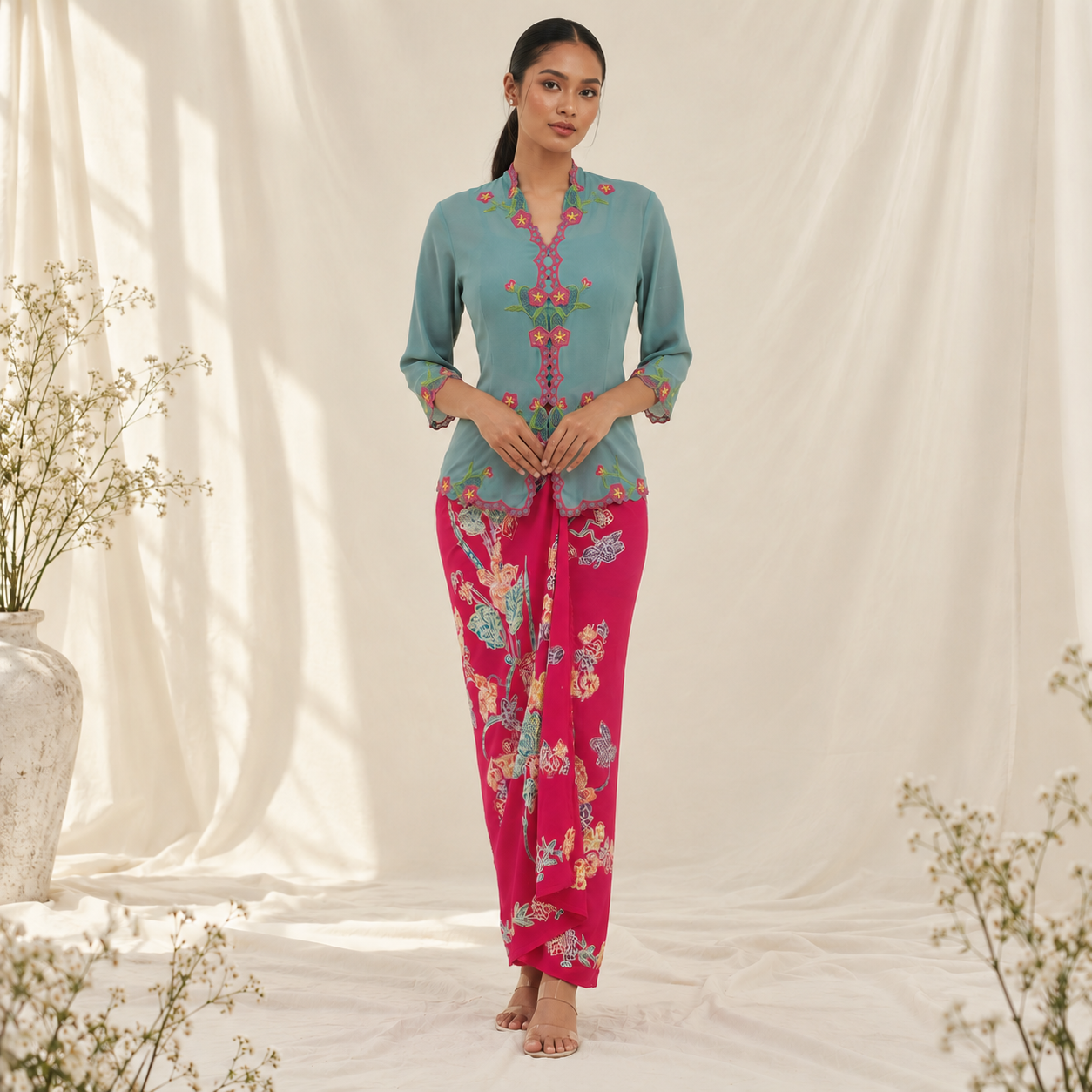 Teal Kebaya and Fuchsia Sarong Portrait