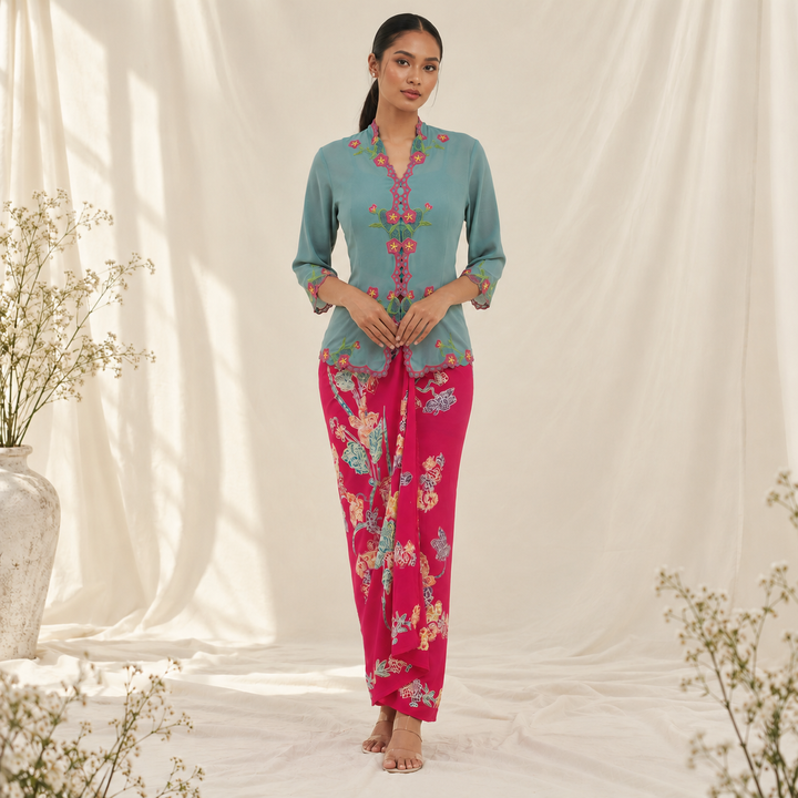 Teal Kebaya and Fuchsia Sarong Portrait