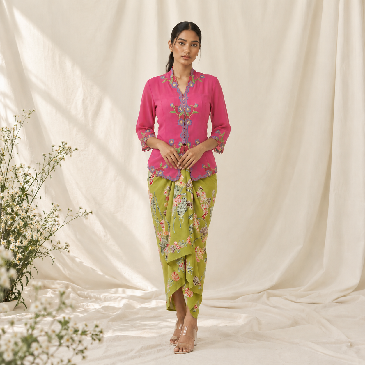 Editorial Magenta and Chartreuse Kebaya Portrait