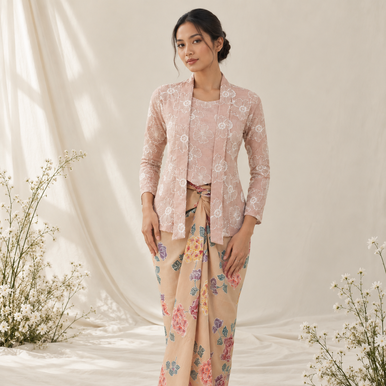 Elegant Pink Kebaya and Floral Sarong