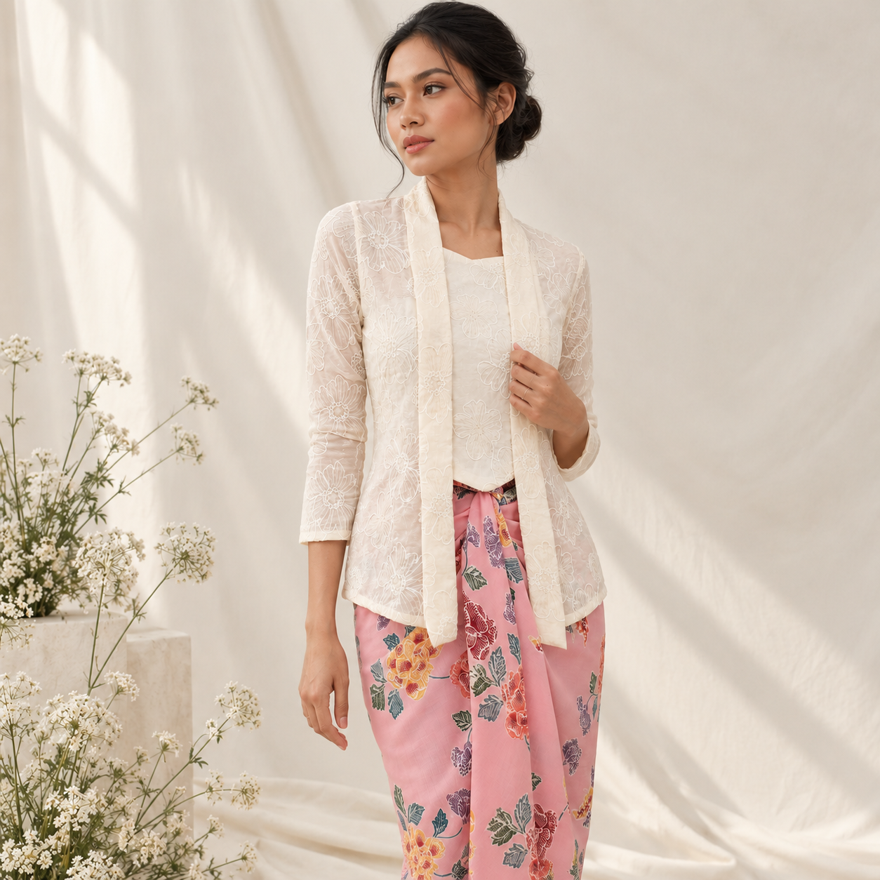 Elegant Ivory Lace and Pink Batik Pose
