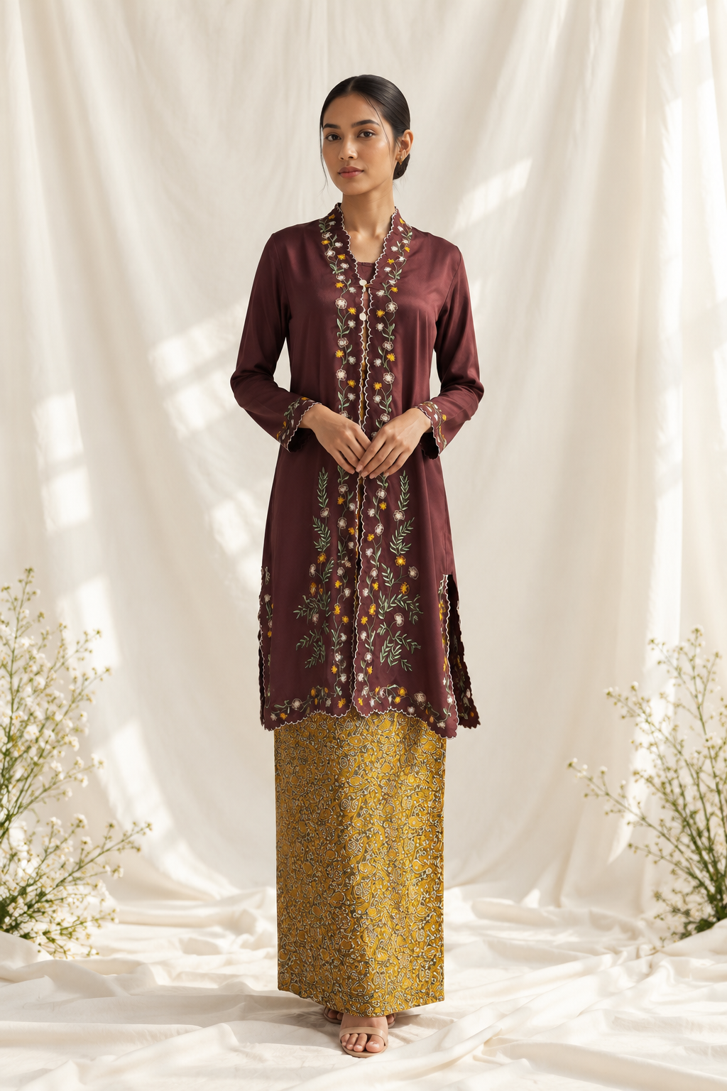 Elegant Burgundy Kurta with Floral Embroidery