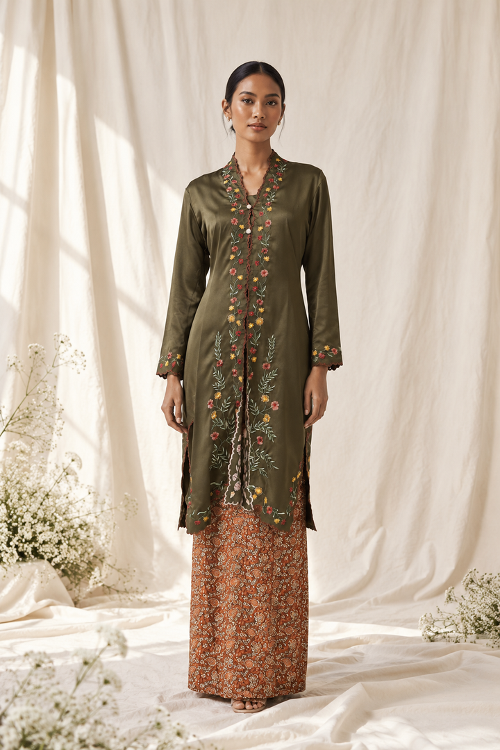 Elegant Olive Embroidered Traditional Ensemble